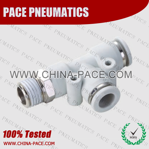 Male Run Tee Grey Color Pneumatic Fittings, White Push To Connect Fittings, Air Fittings, white color push in fittings, Push In Air Fittings, Composite Push In Fittings, Polymer push to connect Fittings, Air Flow Speed Control valve, Hand Valve, pneumatic component